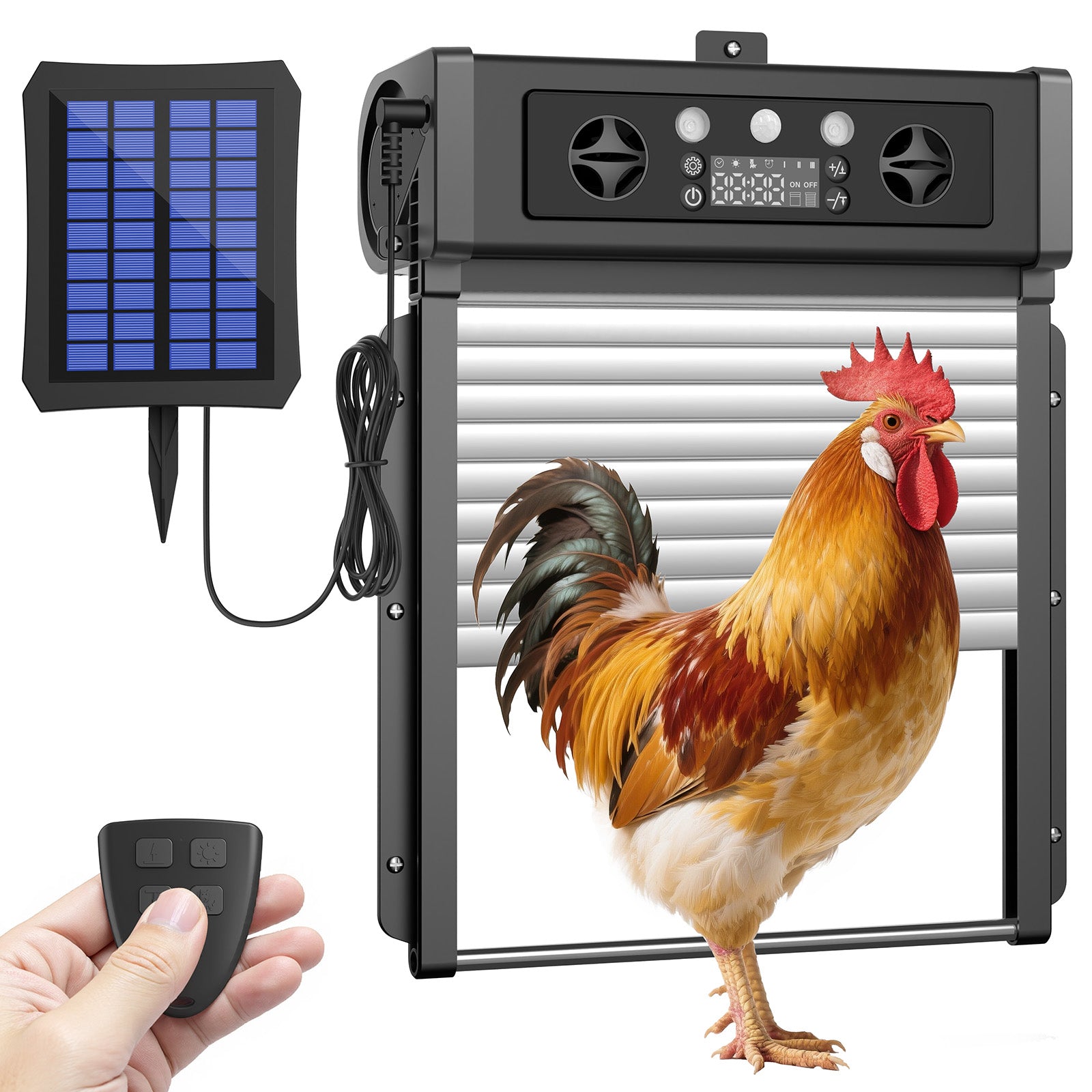 Automatic Chicken Coop Door Solar Powered, LCD Display Chicken Door with Timer & Light Sensor, 4 Modes Auto Chicken Door Solar with Remote Control, Anti-Pinch & Weather Proof Coop Door (Black)